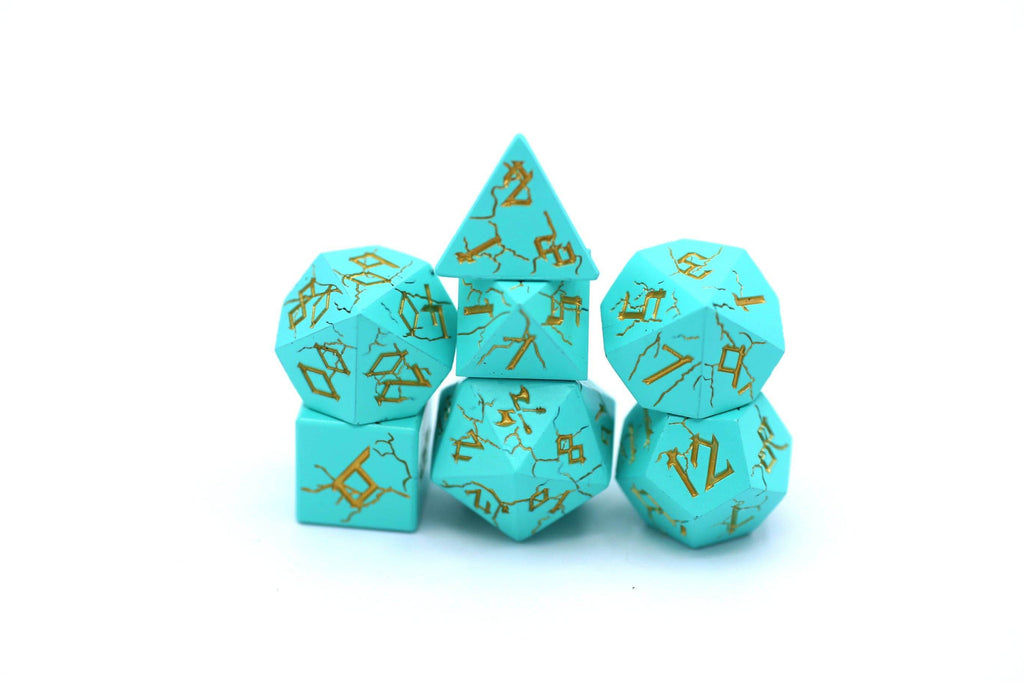 Turquoise with Silver Solid Metal Barbarian Dice Set - 