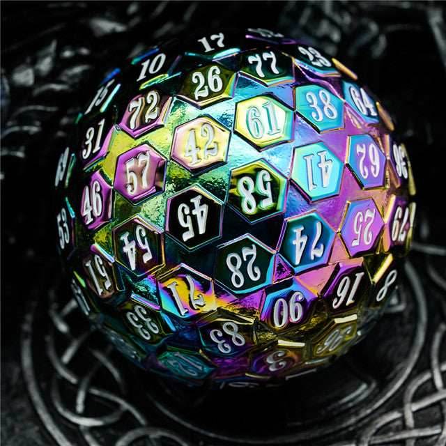 Rainbow Metal Single 100 Sided Polyhedral Dice (D100) | w/ White Color (45mm) - 