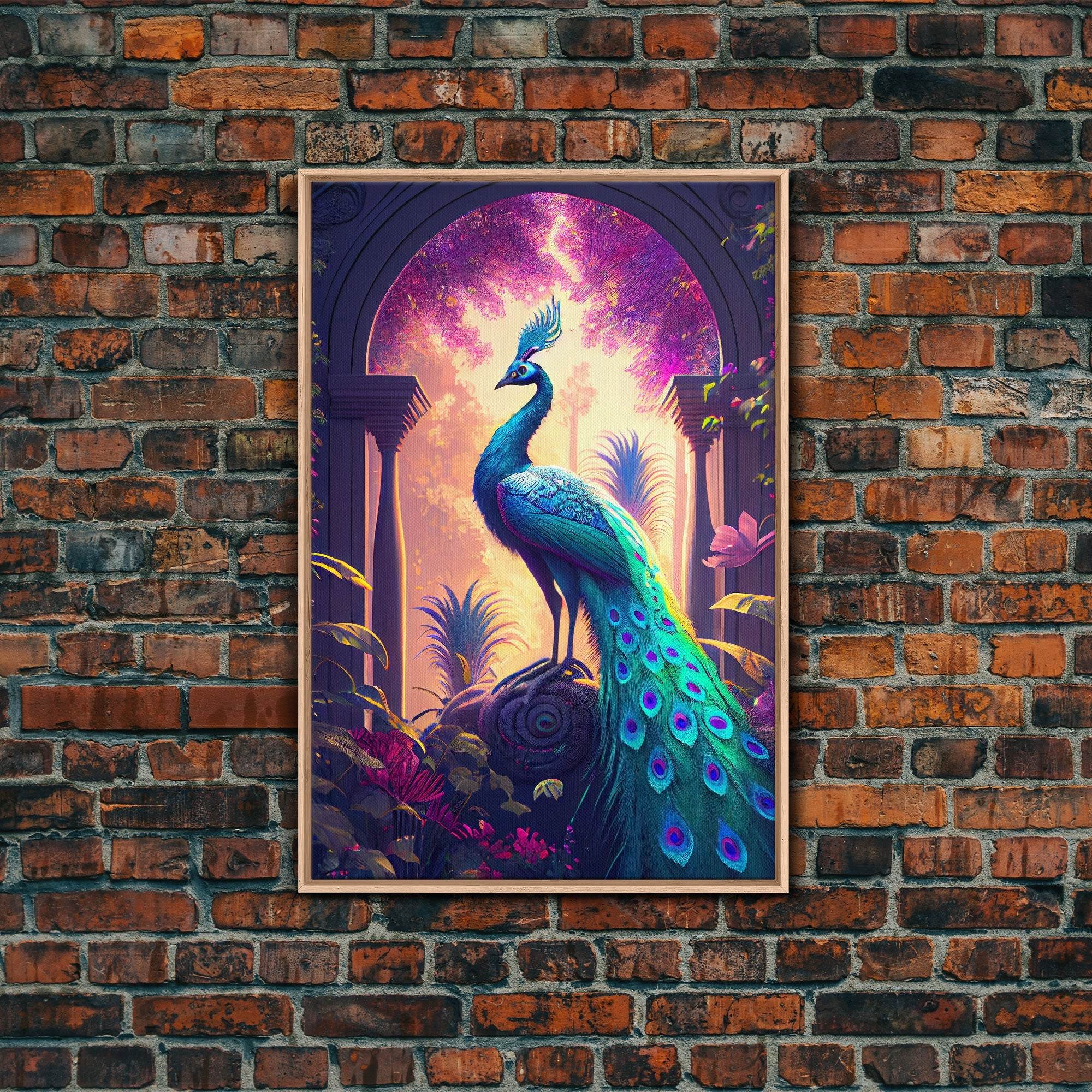 Turquoise peacock art, fantasy decor, framed canvas print - 8x12 Inches / Light Oak Frame