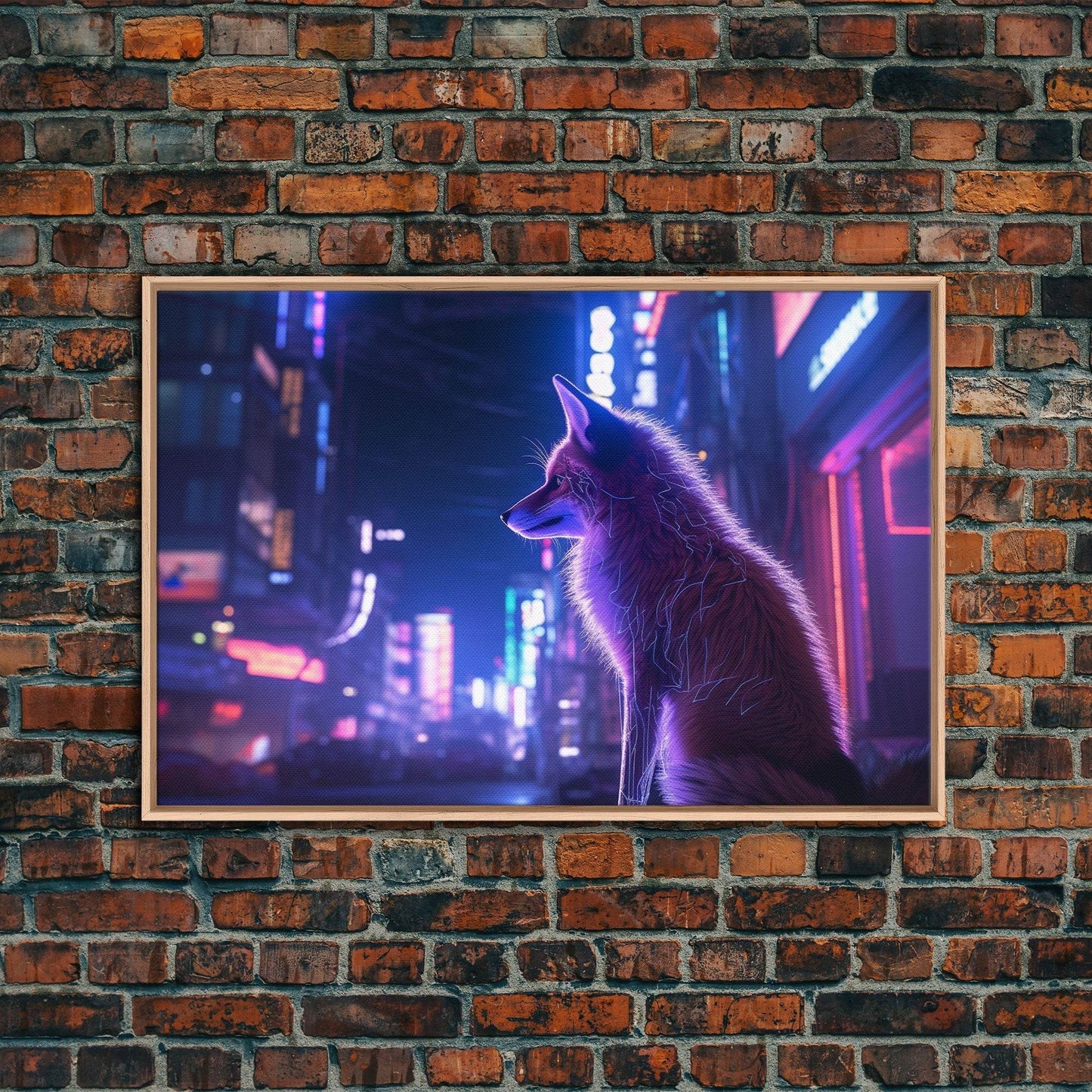 Alley Fox, Cyberpunk city, framed canvas print, urban decay art - 8x12 Inches / Light Oak Frame