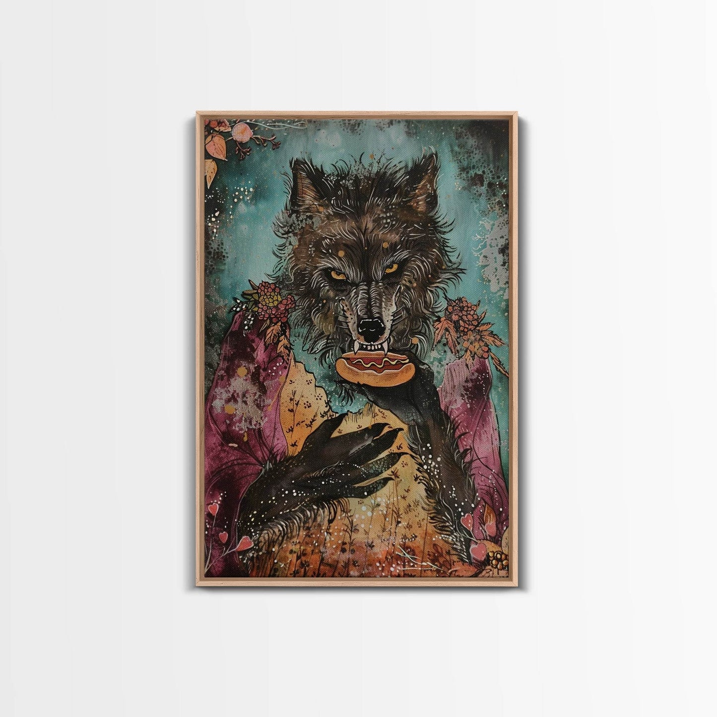 Halloween Werewolf Holding Hotdog, Framed Canvas Print, Wall Art, Home Decor, Spooky Artwork, Fantasy Decor, Halloween Decor - 8x12 Inches / Light Oak Frame