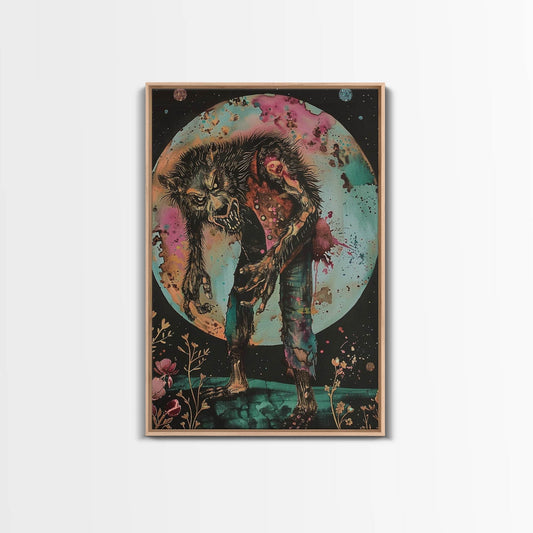 Halloween Werewolf Transformation, Framed Canvas Print, Wall Art, Home Decor, Spooky Artwork, Monster Decor, Halloween Decor, Fantasy Art - 8x12 Inches / Light Oak Frame