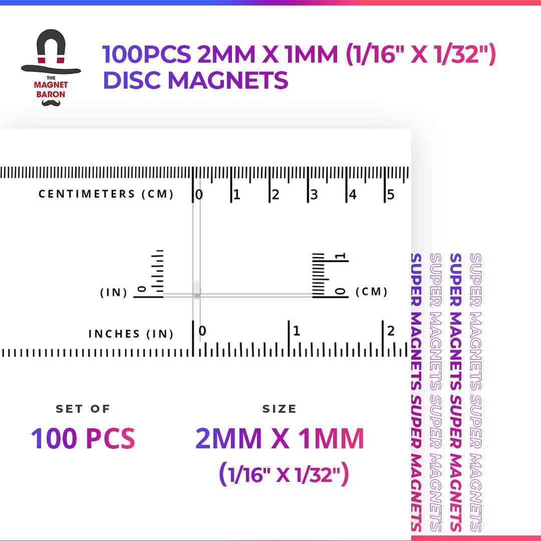 100pcs 2mm x 1mm (Approximately 1/16" x 1/32") Disc Magnets