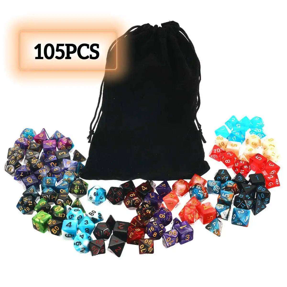 105Pcs Polyhedral Dice Set  RPG Role Playing Dragon Table Game Mixed Color Set +Storage Bag