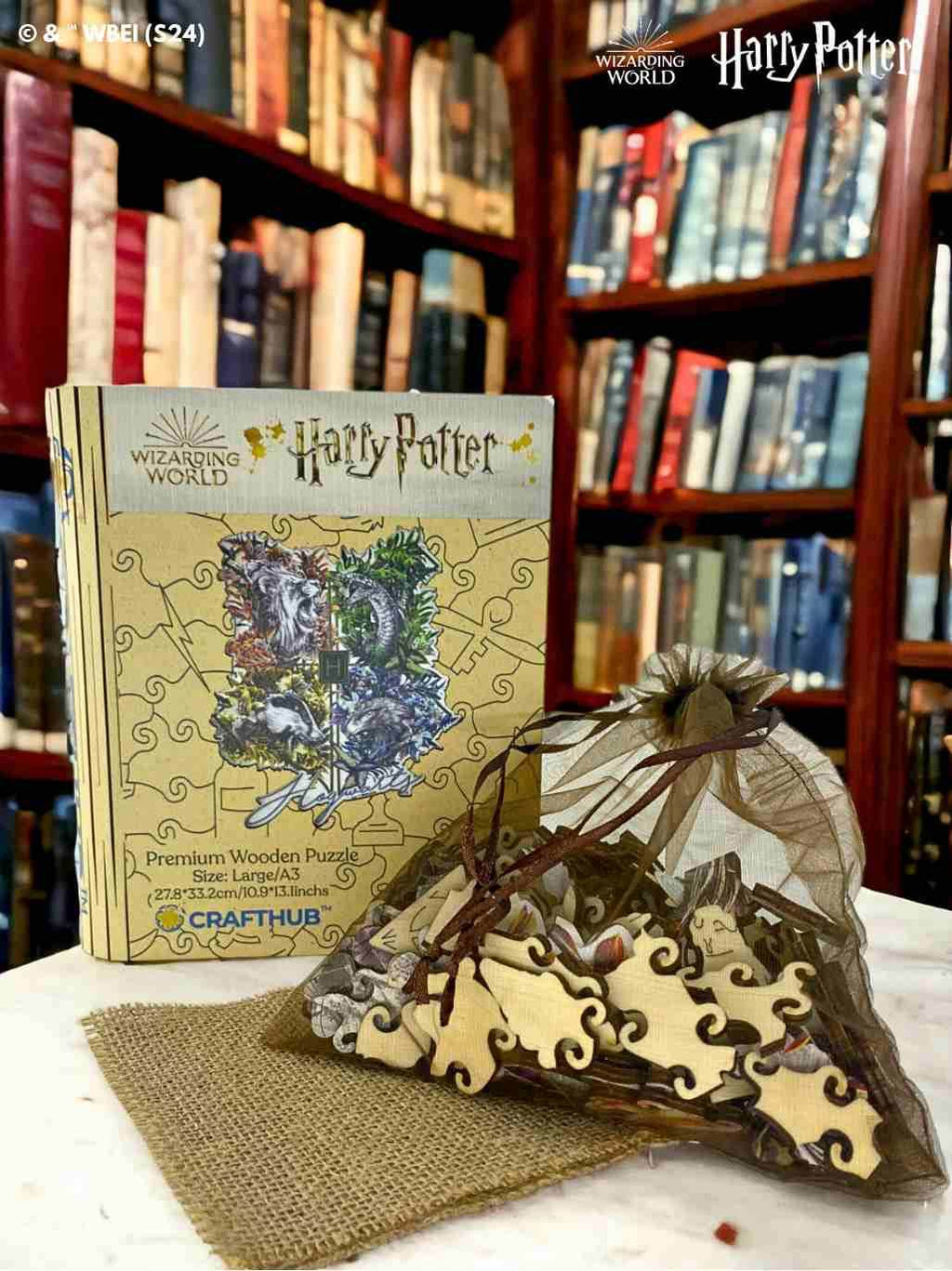 Harry Potter - Hogwarts Crests - Utilitarian Romance Wooden Jigsaw Puzzle - A4 + Wooden Gift Box