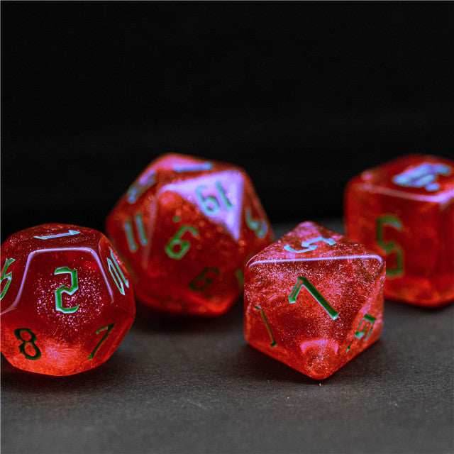 Strawberry Red Glitter Party Glitter Dice (Green font) 7-Dice Set RPG DND - 
