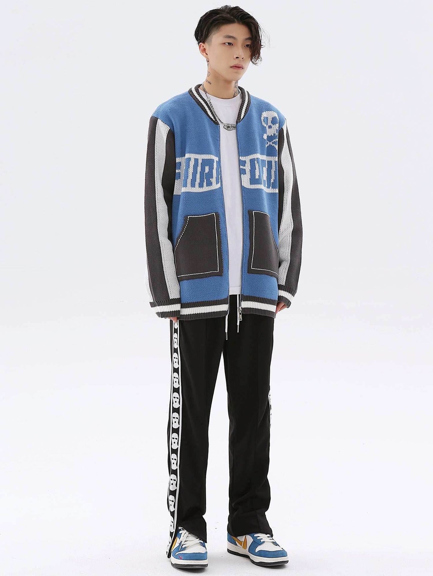 Easy Skull Knit Bomber Jacket - Blue / M