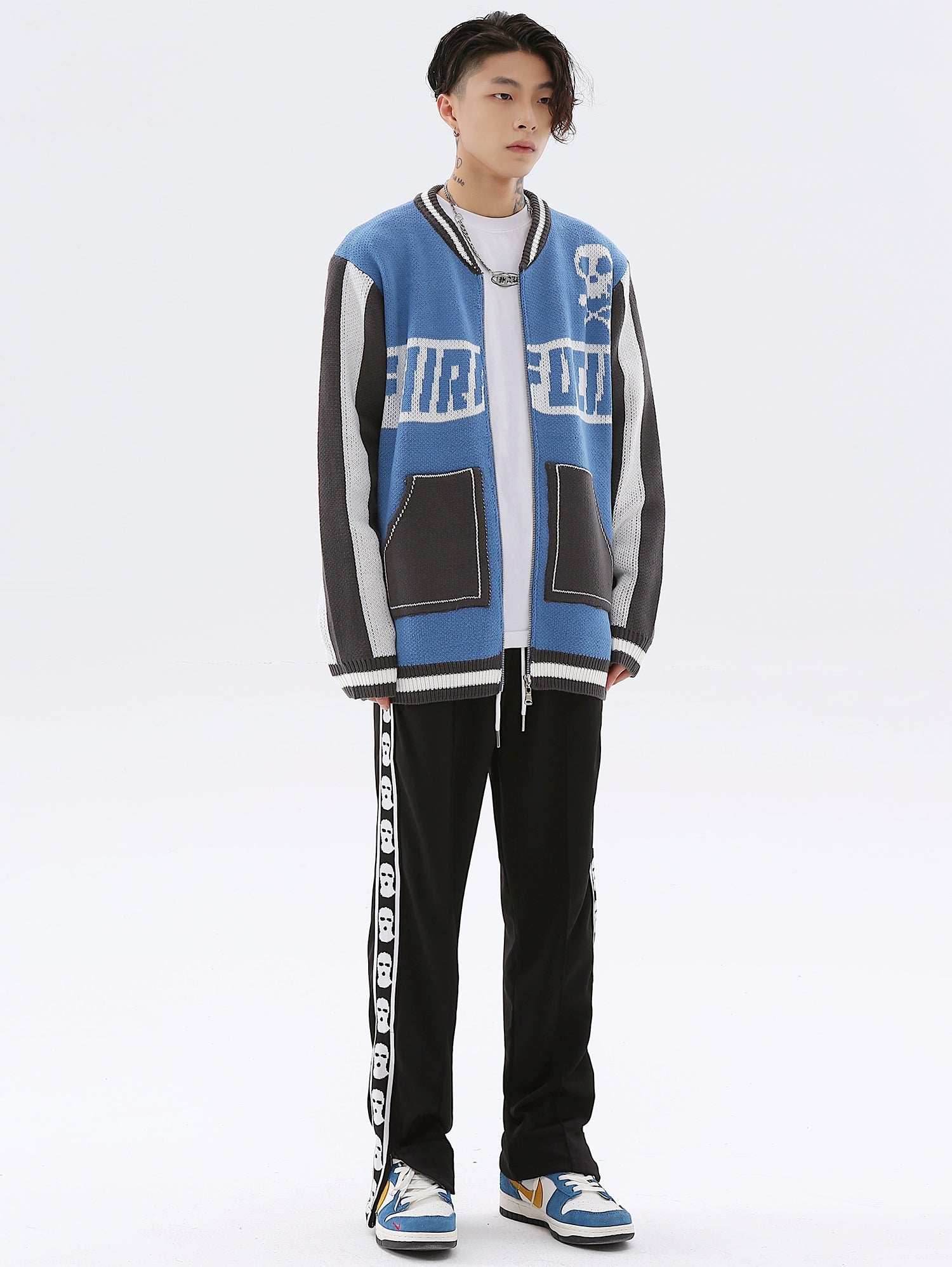 Easy Skull Knit Bomber Jacket - Blue / M