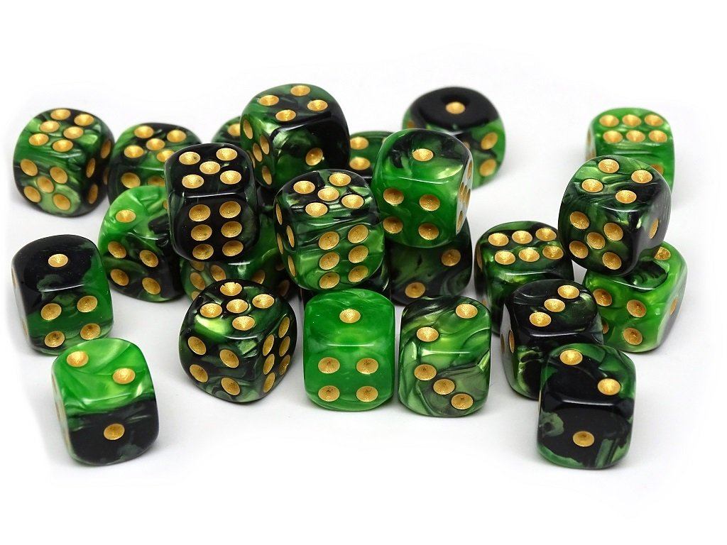 12mm D6 Dice - Green and Black Swirl - 25 Count Bag