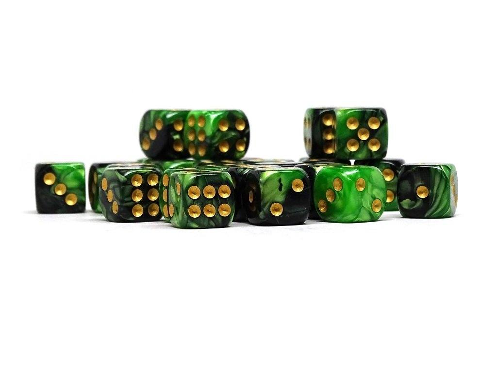 12mm D6 Dice - Green and Black Swirl - 25 Count Bag