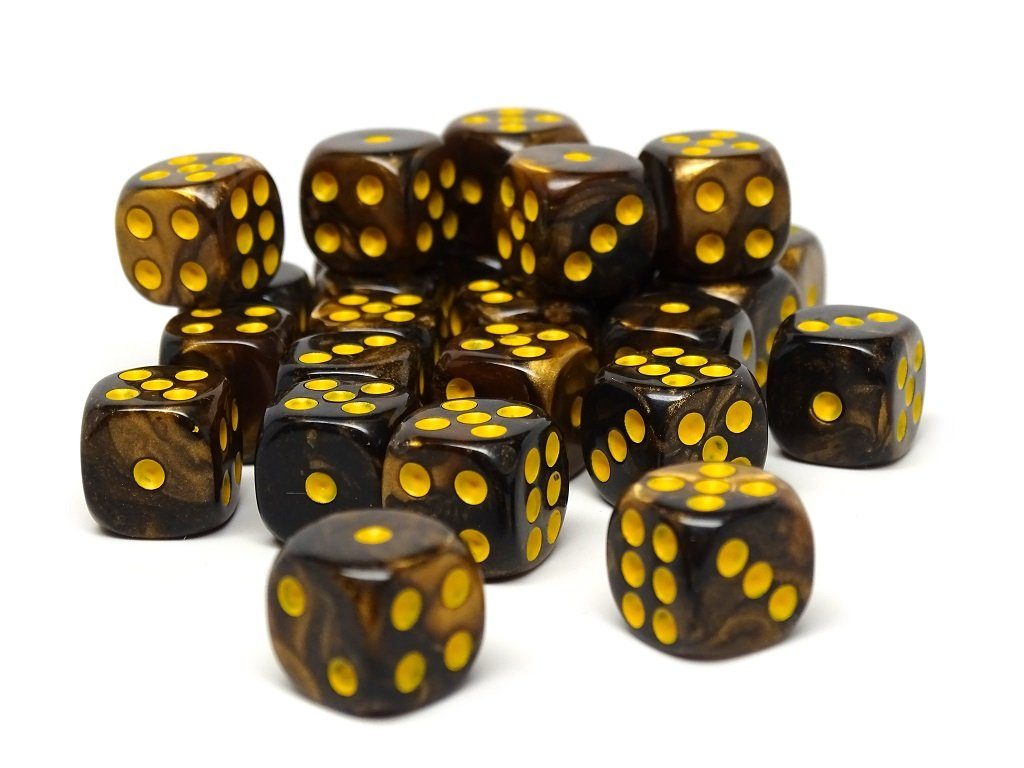 12mm D6 Dice - Yellow and Black Granite - 25 Count Bag