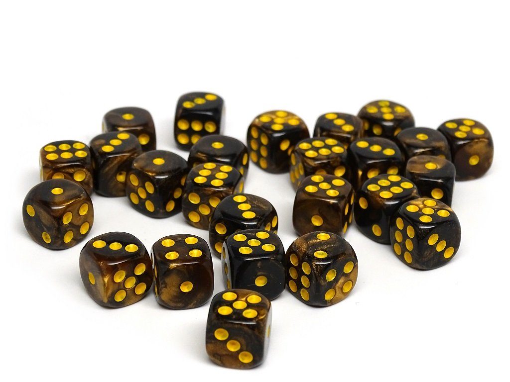 12mm D6 Dice - Yellow and Black Granite - 25 Count Bag