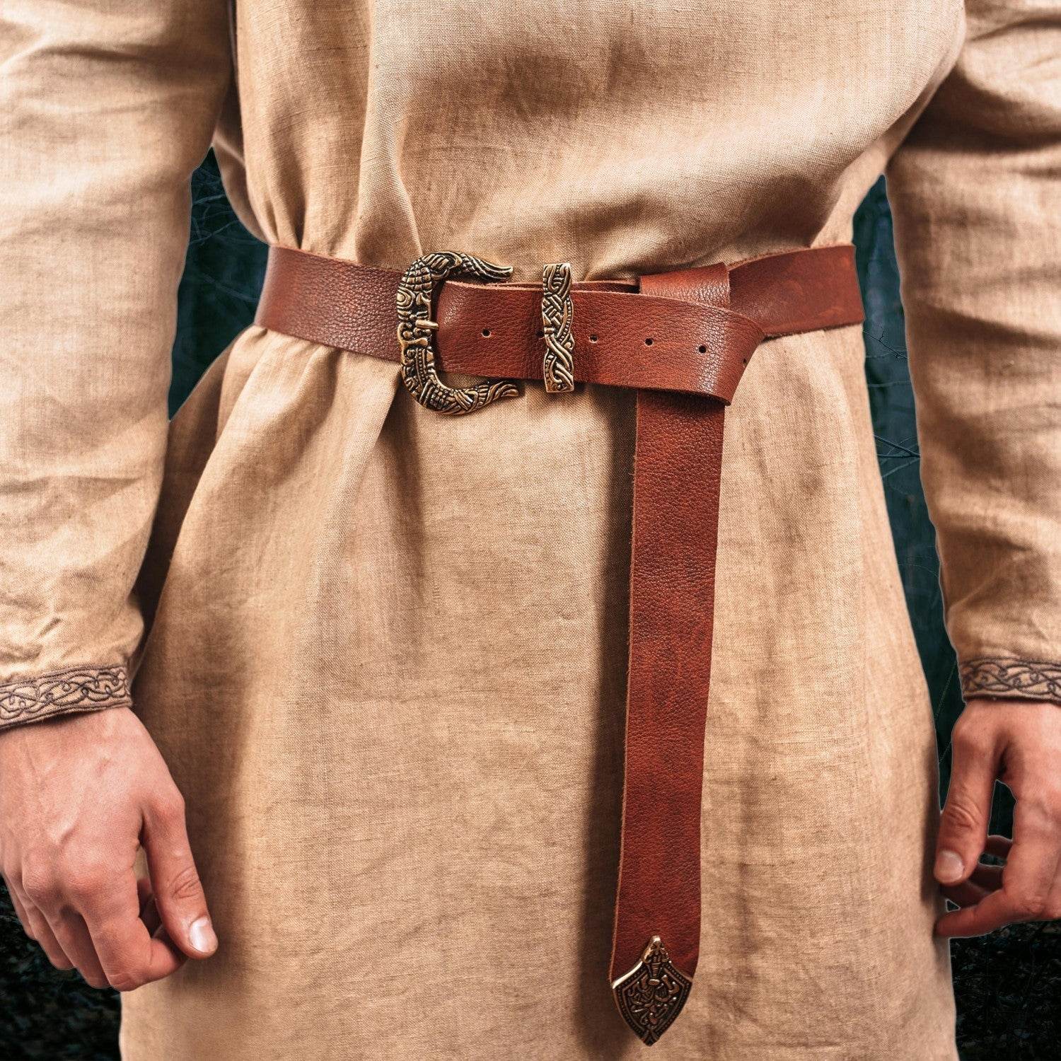 Brown Leather Belt with Brass Buckle & Tip - 