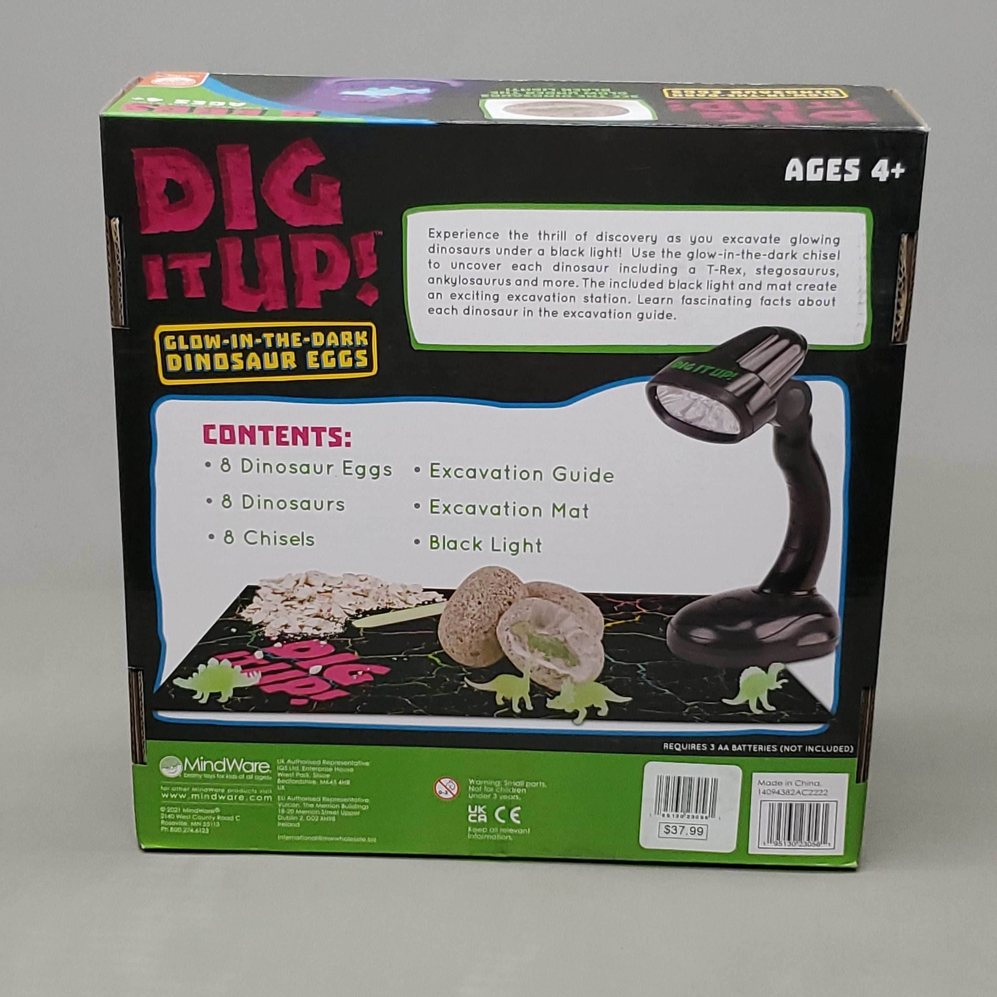 MINDWARE Dig it up Glow in the Dark Dinosaur Eggs w/ Black Light (New) - 