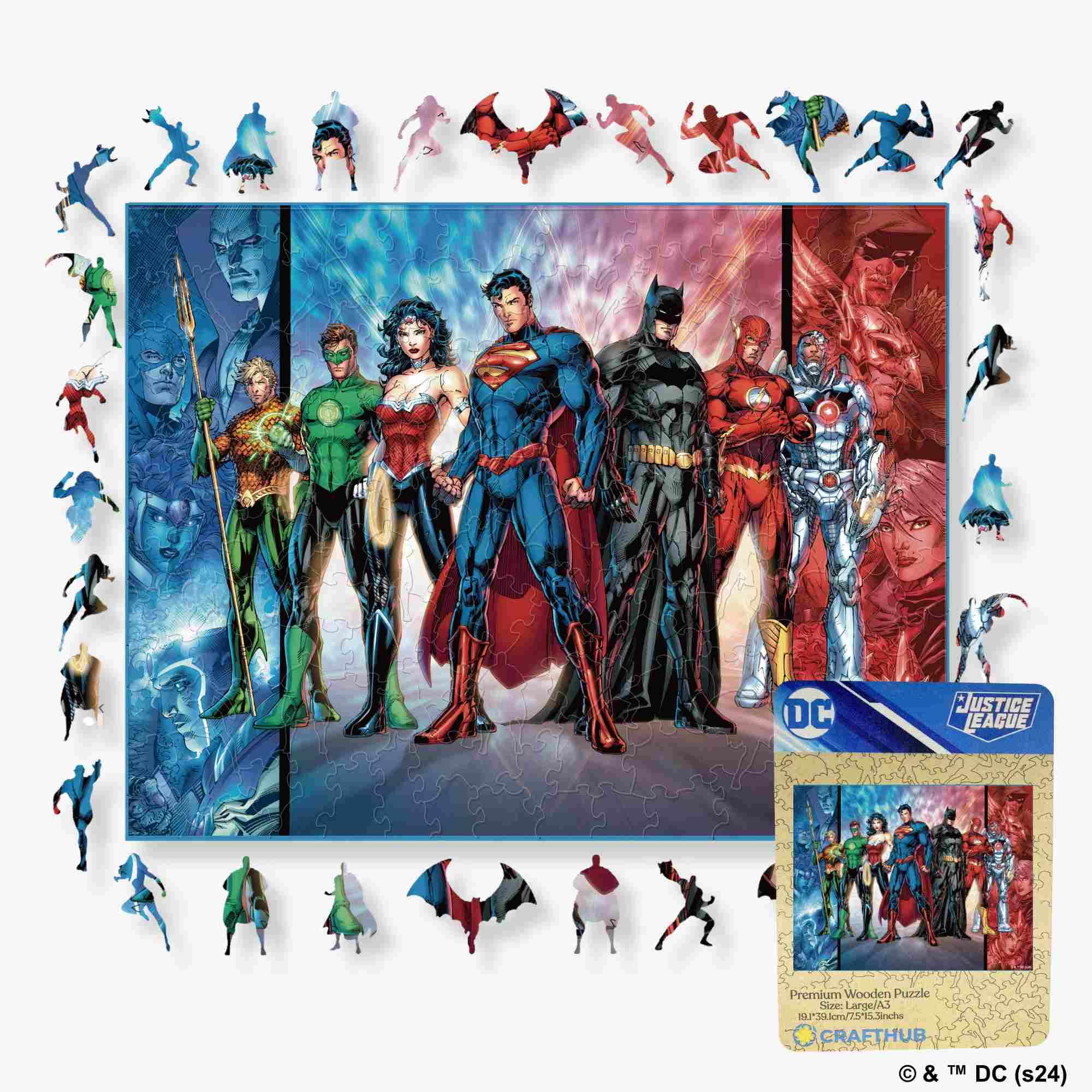 Justice League Hero Team-Up Wooden Jigsaw Puzzle - A4 + Wooden Gift Box