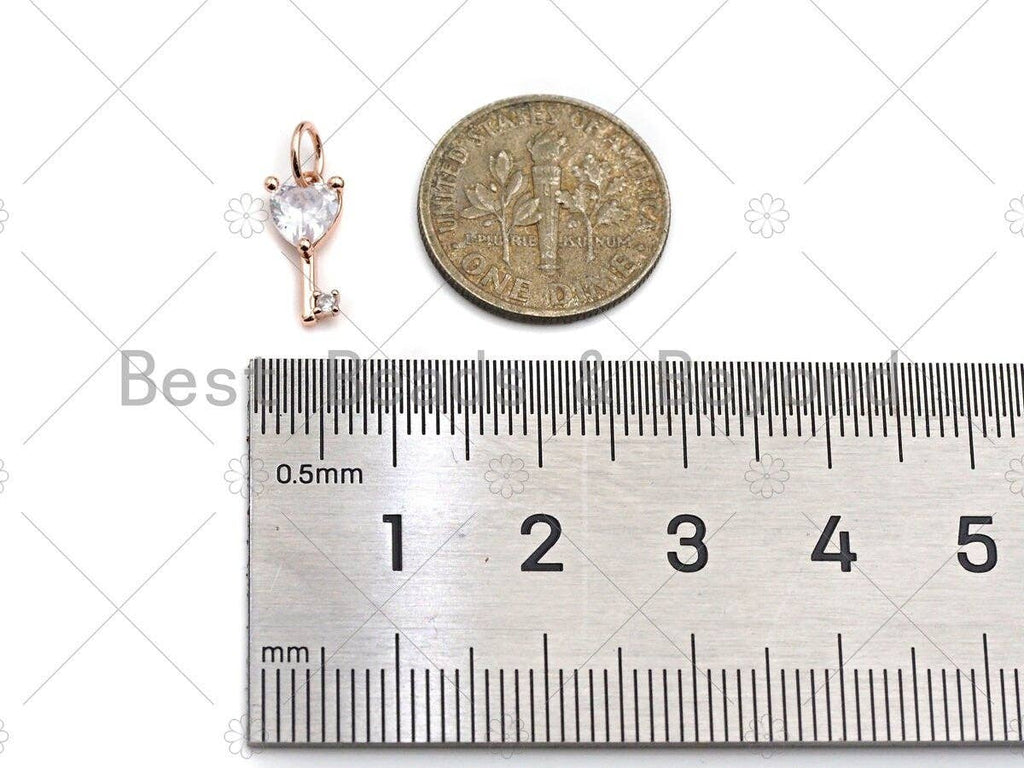Big Clear CZ Micro Pave Heart Key Shape Pendant,Cubic Zirconia Heart Key Charm,Gold/Silver/Rose Gold Tone,6x12mm,Sku#Y345