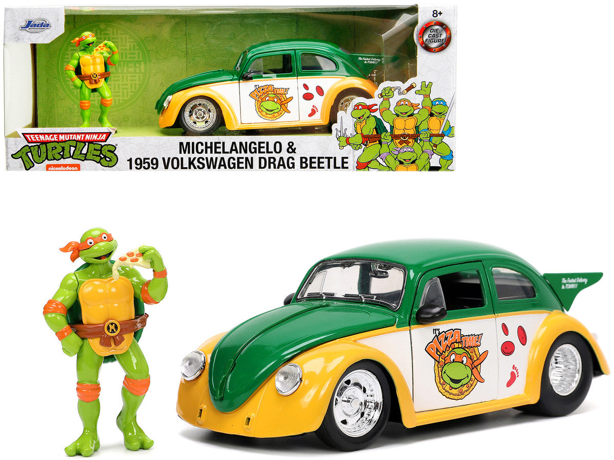 1959 Volkswagen Drag Beetle Green and Yellow and Michelangelo Diecast Figure "Teenage Mutant Ninja Turtles" "Hollywood Rides" Series 1/24 Diecast Model Car by Jada