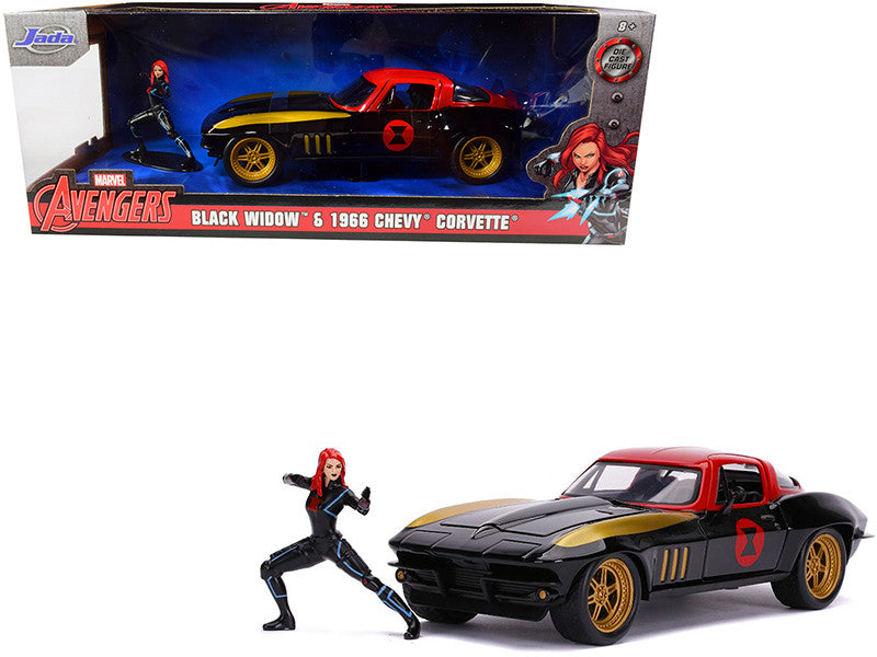 1966 Chevrolet Corvette with Black Widow Diecast Figurine "Avengers" "Marvel" Series 1/24 Diecast Model Car by Jada