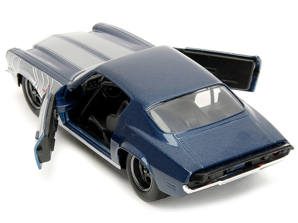 1973 Chevrolet Camaro Dark Blue Metallic with Gray Stripes and Winter Soldier Diecast Figure "Marvel Avengers" "Hollywood Rides" Series 1/32 Diecast Model Car by Jada