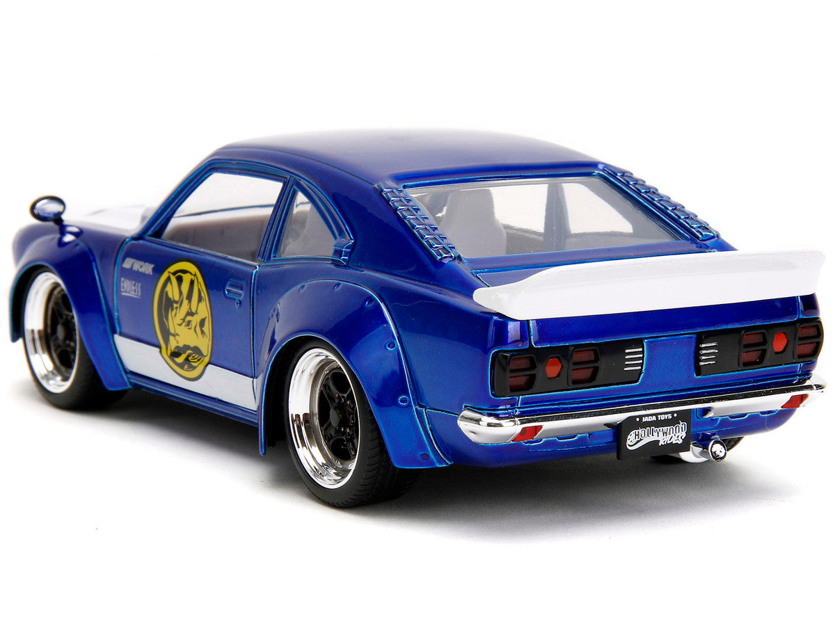 1974 Mazda RX-3 Candy Blue with White Interior and Graphics and Blue Ranger Diecast Figure "Power Rangers" "Hollywood Rides" Series 1/24 Diecast Model Car by Jada