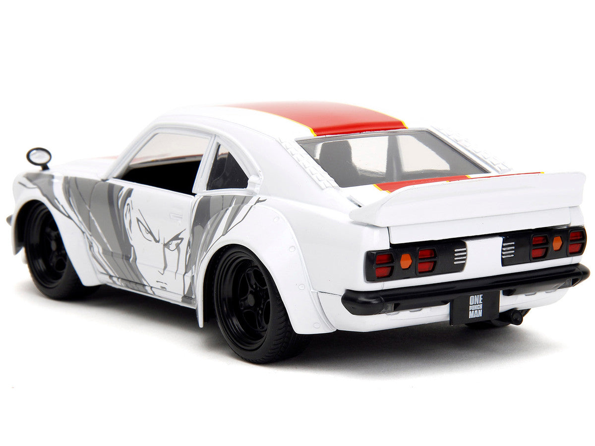 1974 Mazda RX-3 White with Red Stripe and Graphics and Saitama Diecast Figure "One Punch Man" (2015-2019) TV Series 1/24 Diecast Model Car by Jada