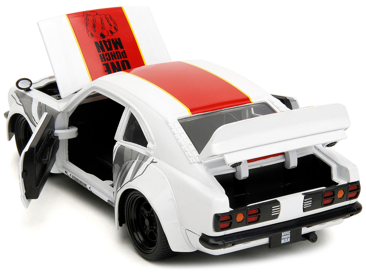 1974 Mazda RX-3 White with Red Stripe and Graphics and Saitama Diecast Figure "One Punch Man" (2015-2019) TV Series 1/24 Diecast Model Car by Jada