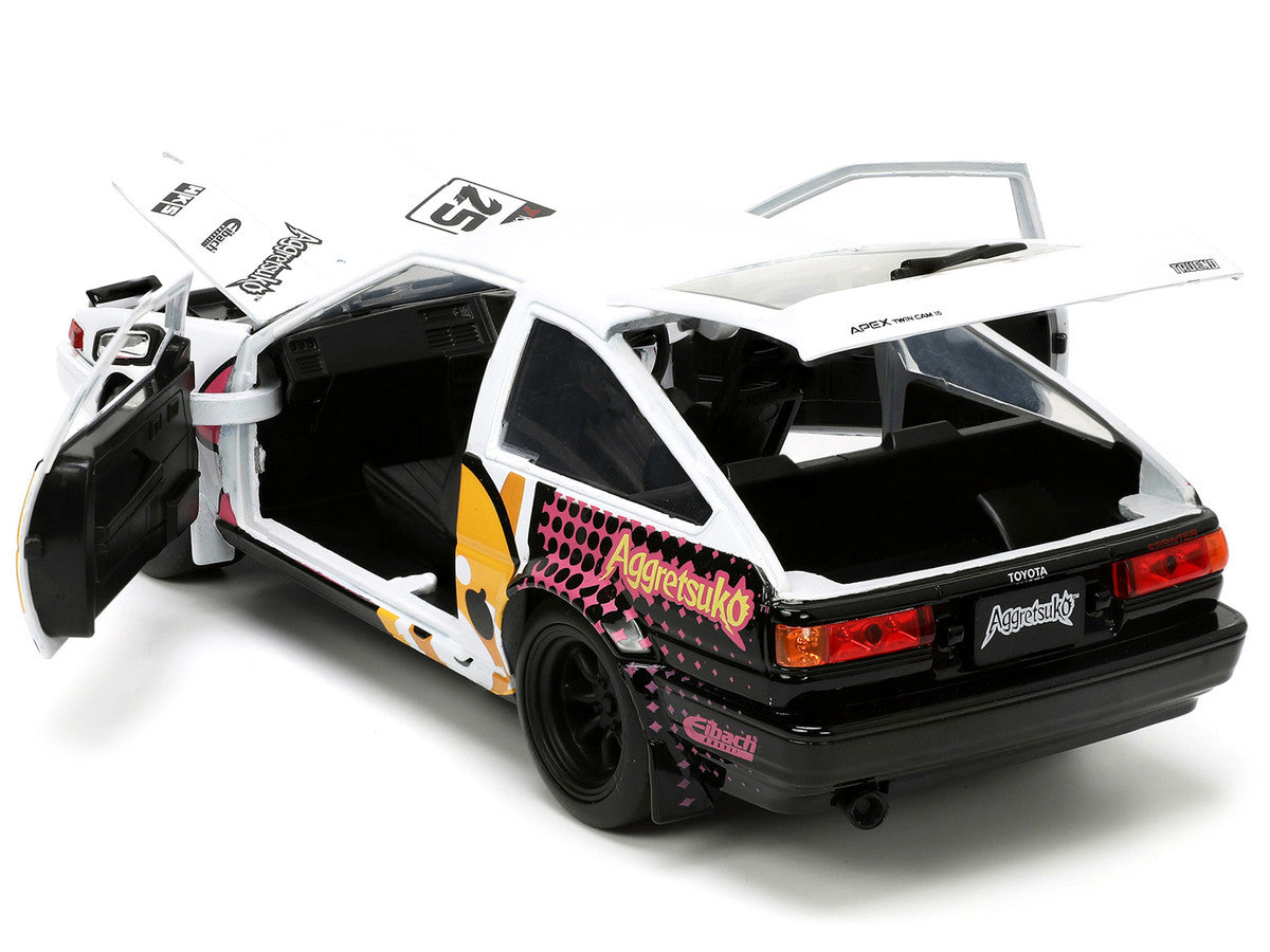 1986 Toyota Trueno (AE86) RHD (Right Hand Drive) #25 White with Graphics and Aggretsuko Diecast Figure "Aggretsuko" "Anime Hollywood Rides" Series 1/24 Diecast Model Car by Jada