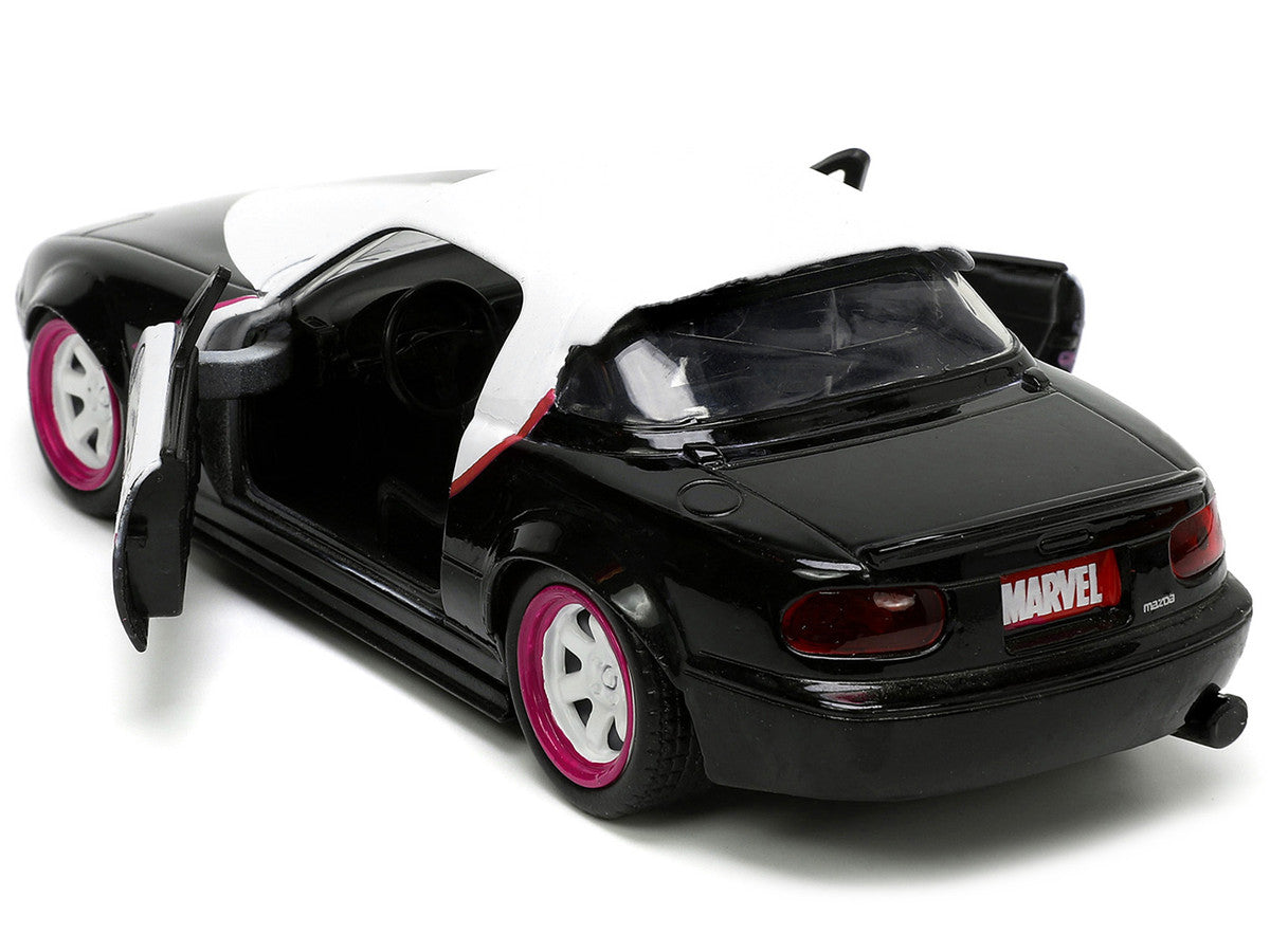 1990 Mazda Miata Black and White with Graphics and Ghost Spider Diecast Figure "Spider-Man" "Marvel" Series 1/32 Diecast Model Car by Jada