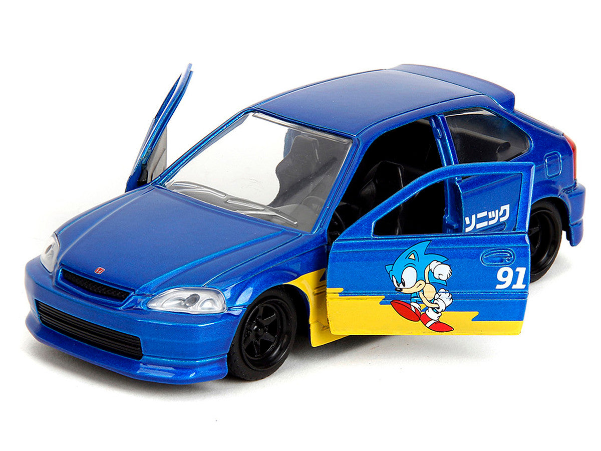 1997 Honda Civic Type R Blue Metallic with Graphics "Sonic the Hedgehog" (1991) Video Game "Hollywood Rides" Series 1/32 Diecast Model Car by Jada