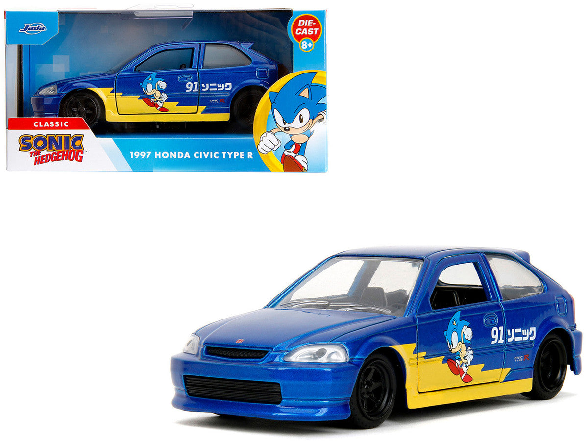 1997 Honda Civic Type R Blue Metallic with Graphics "Sonic the Hedgehog" (1991) Video Game "Hollywood Rides" Series 1/32 Diecast Model Car by Jada