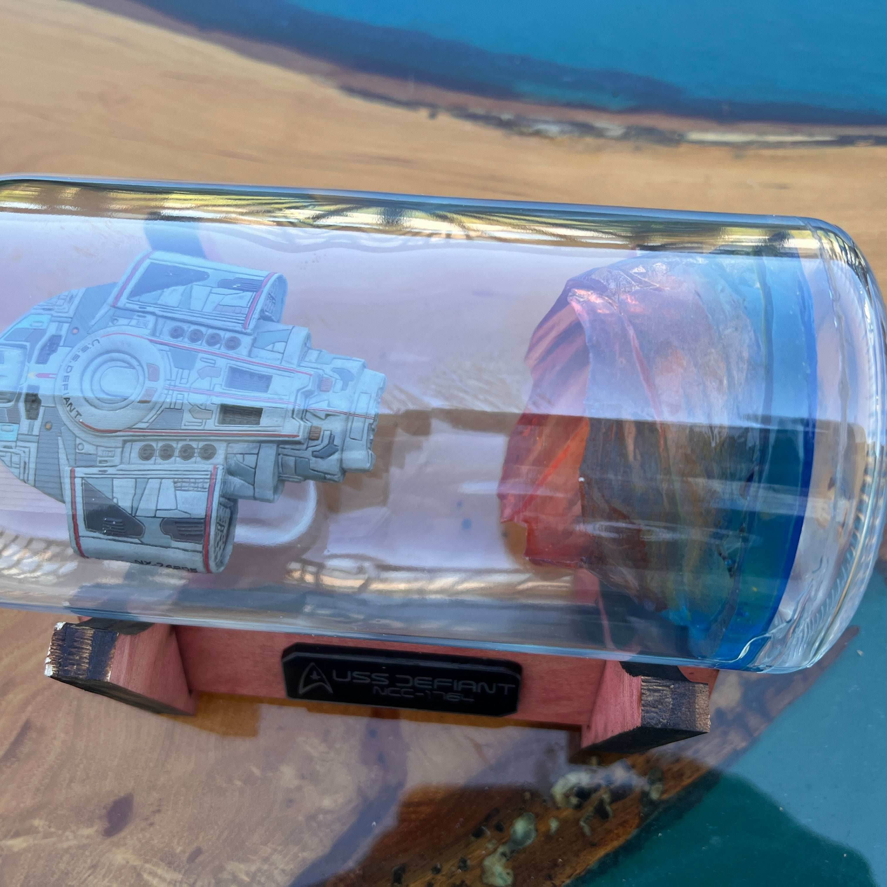 Star Trek USS Defiant and Wormhole in a Bottle - With Stand