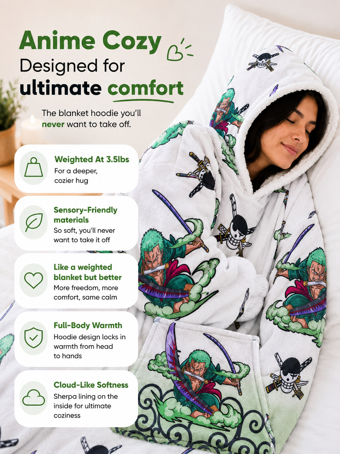 Zoro One Piece Wearable Blanket Hoodie for Kids & Adults | OLM Toys