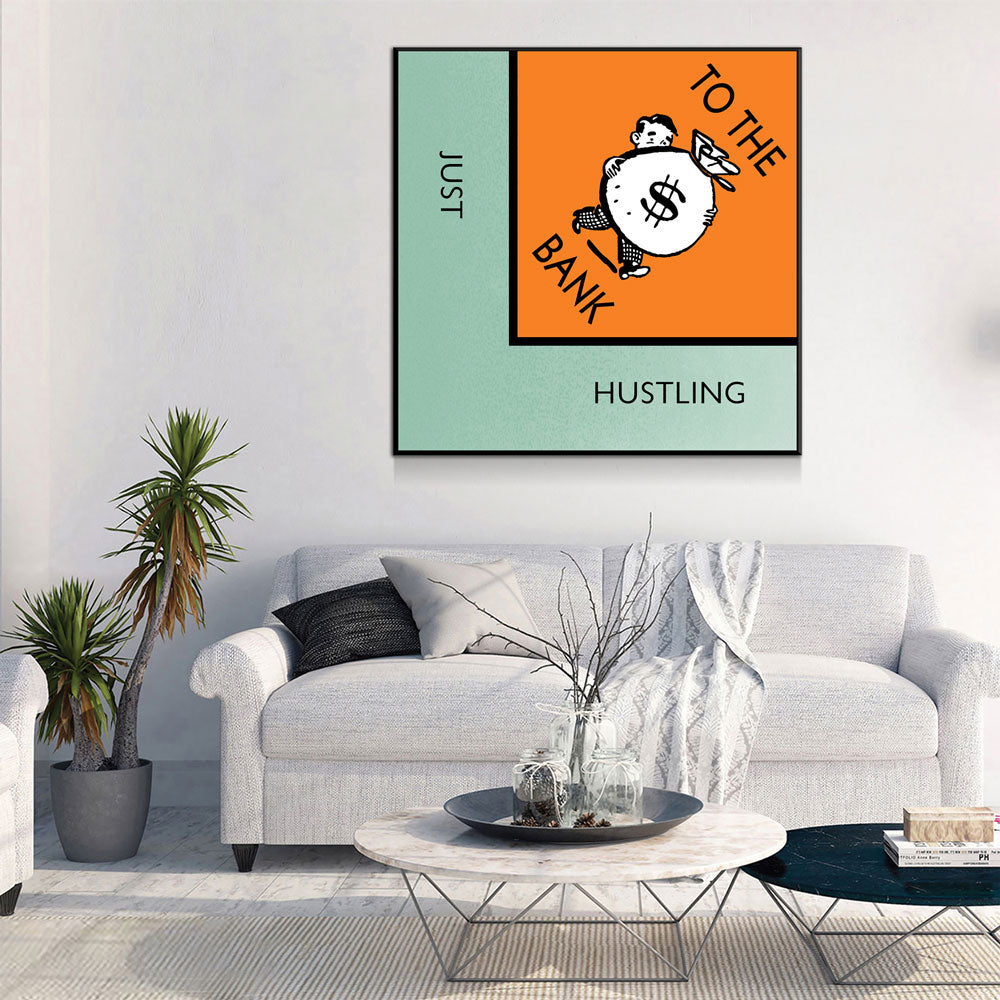 Monopoly Style Just Hustling To The Bank Motivational Framed Canvas Wall Art