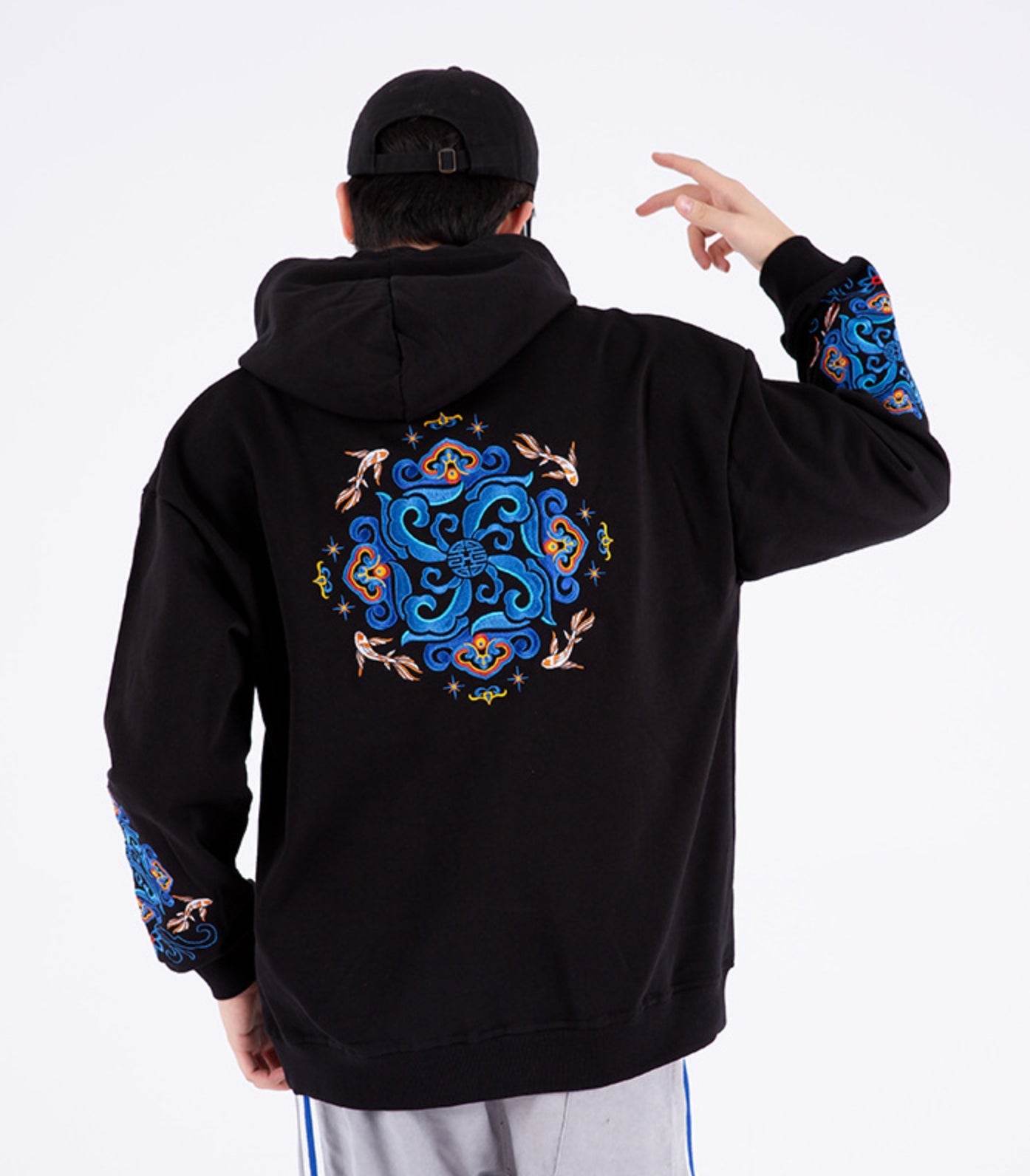 KH9201 Fish Art Embroidery Hoodie - Black / S