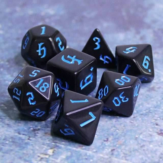 Economy Black Dice (Blue font) 7-Dice Set RPG DND - 