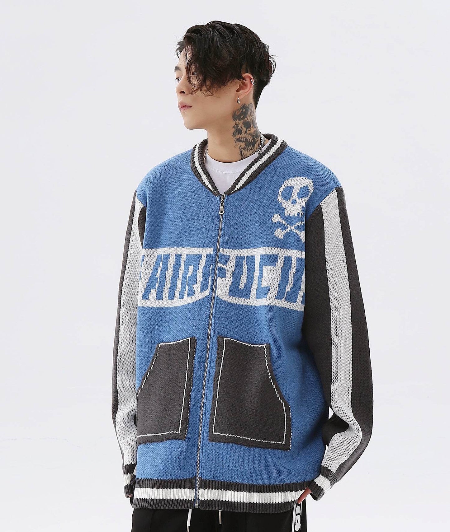 Easy Skull Knit Bomber Jacket - Blue / M