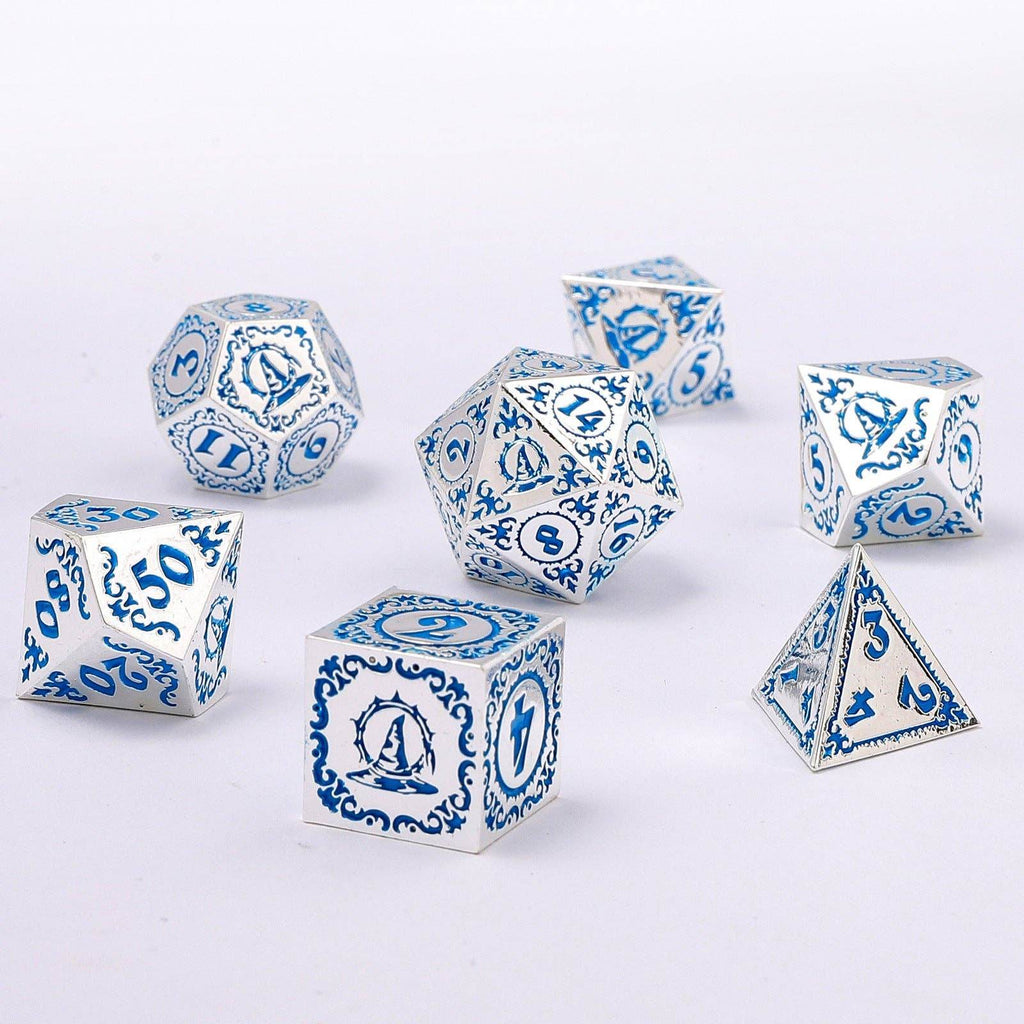 Wizard Solid Metal Polyhedral Dice Set - Silver with Blue - 