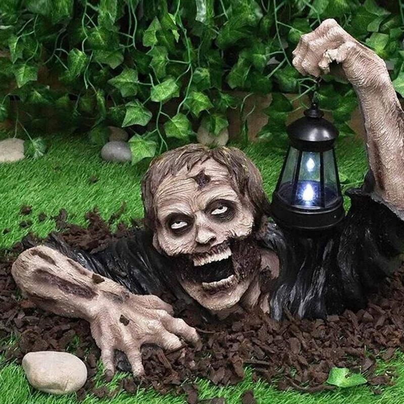 1pc Halloween Zombie Crawling Horror Decor, Scary Led Lights Zombie Holding Lantern Outdoor Figurine Light