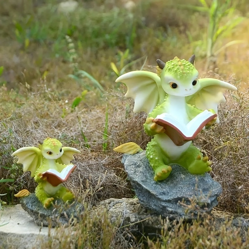 1pc Miniature Fairy Garden Figurines, Cute Resin Dragon Statue, Mini Dragon Reading Figurine, Mini Pink Dragon And Baby Statue, Fairy Garden Decor, For Flowerpot Bookshelf Collection