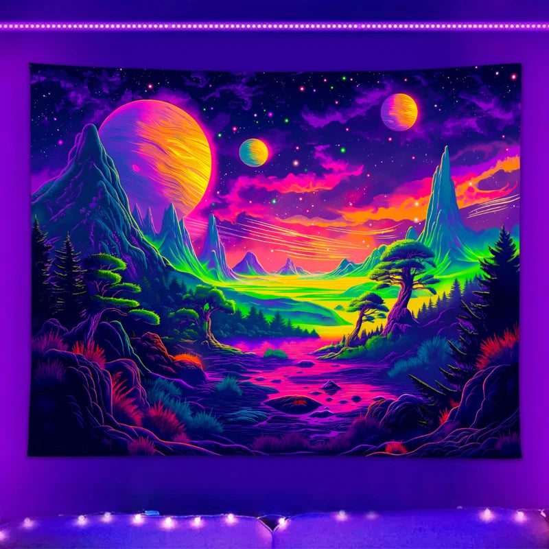 1pc UV reactive tapestry, space planet science fiction mountain range, starry sky natural landscape room decoration tapestry