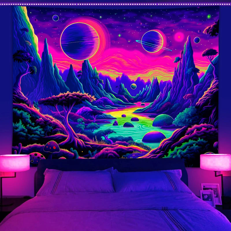 1pc UV reactive tapestry, space planet science fiction mountain range, starry sky natural landscape room decoration tapestry