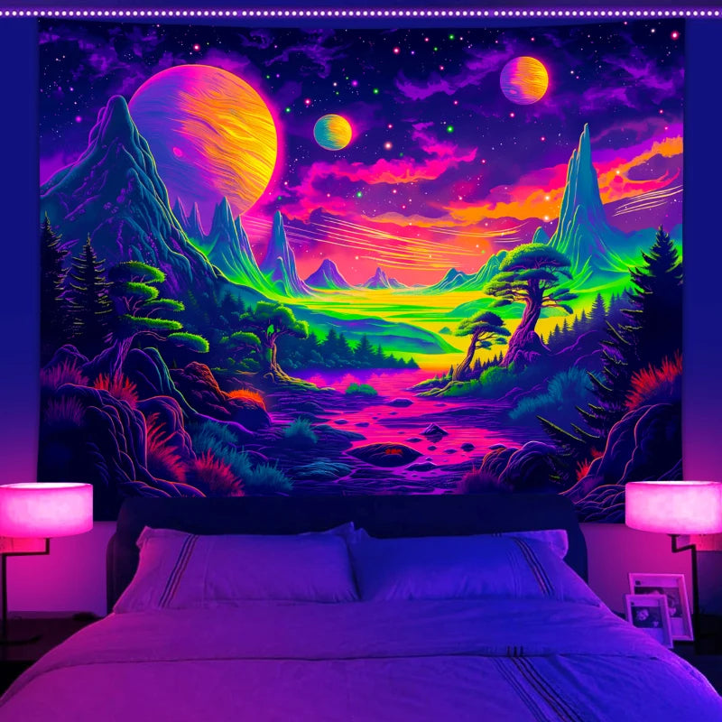 1pc UV reactive tapestry, space planet science fiction mountain range, starry sky natural landscape room decoration tapestry