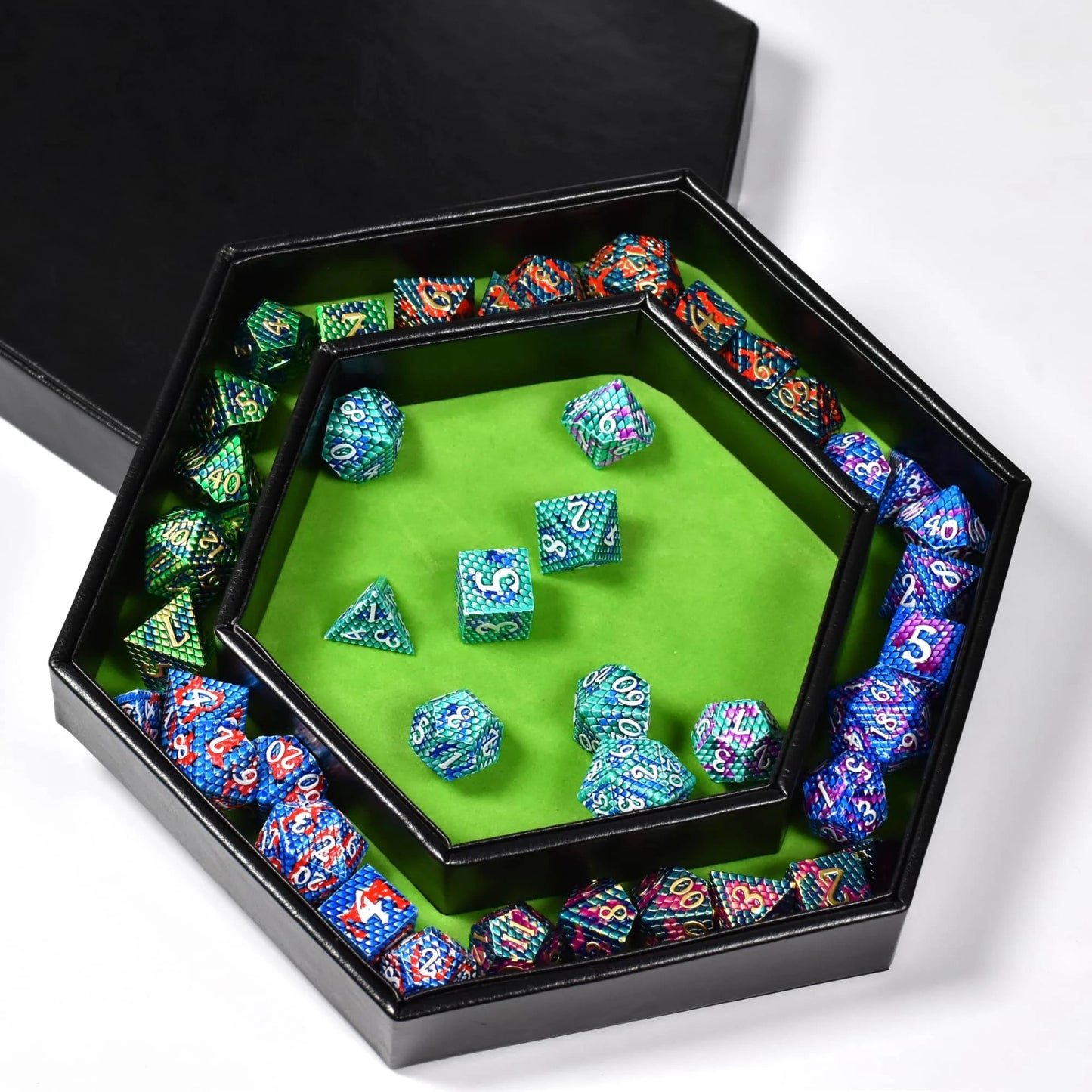 2 in 1 D&D Dice Tray & Dice Box Dice Case Hexagon Dice Rolling Tray Dice Holder PU Leather for Dice Games RPG Table Games