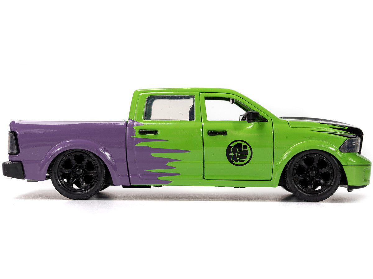 2014 RAM 1500 Pickup Truck Green and Purple and Hulk Diecast Figure "Marvel Avengers" "Hollywood Rides" Series 1/24 Diecast Model Car by Jada