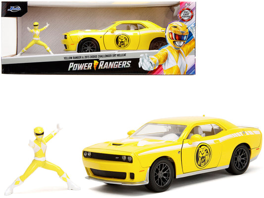 2015 Dodge Challenger SRT Hellcat Yellow with Graphics and Yellow Ranger Diecast Figure "Power Rangers" "Hollywood Rides" Series 1/24 Diecast Model Car by Jada