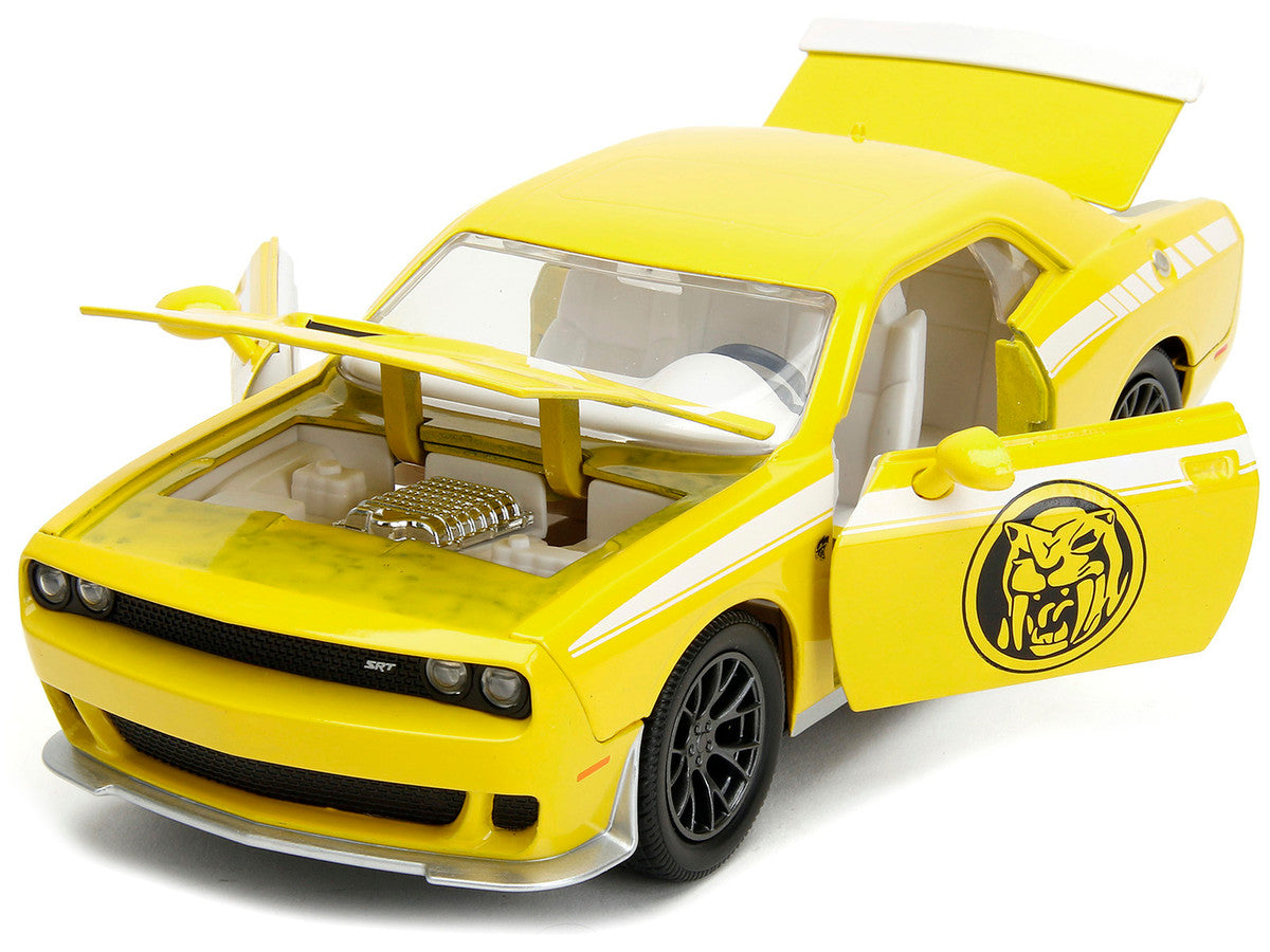 2015 Dodge Challenger SRT Hellcat Yellow with Graphics and Yellow Ranger Diecast Figure "Power Rangers" "Hollywood Rides" Series 1/24 Diecast Model Car by Jada