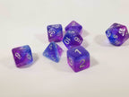 Purple & Blue Translucent Glitter Aurora Poly Dice Set (7) New Silver Numbers RPG DnD - 