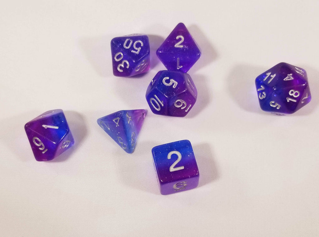 Purple & Blue Translucent Glitter Aurora Poly Dice Set (7) New Silver Numbers RPG DnD - 