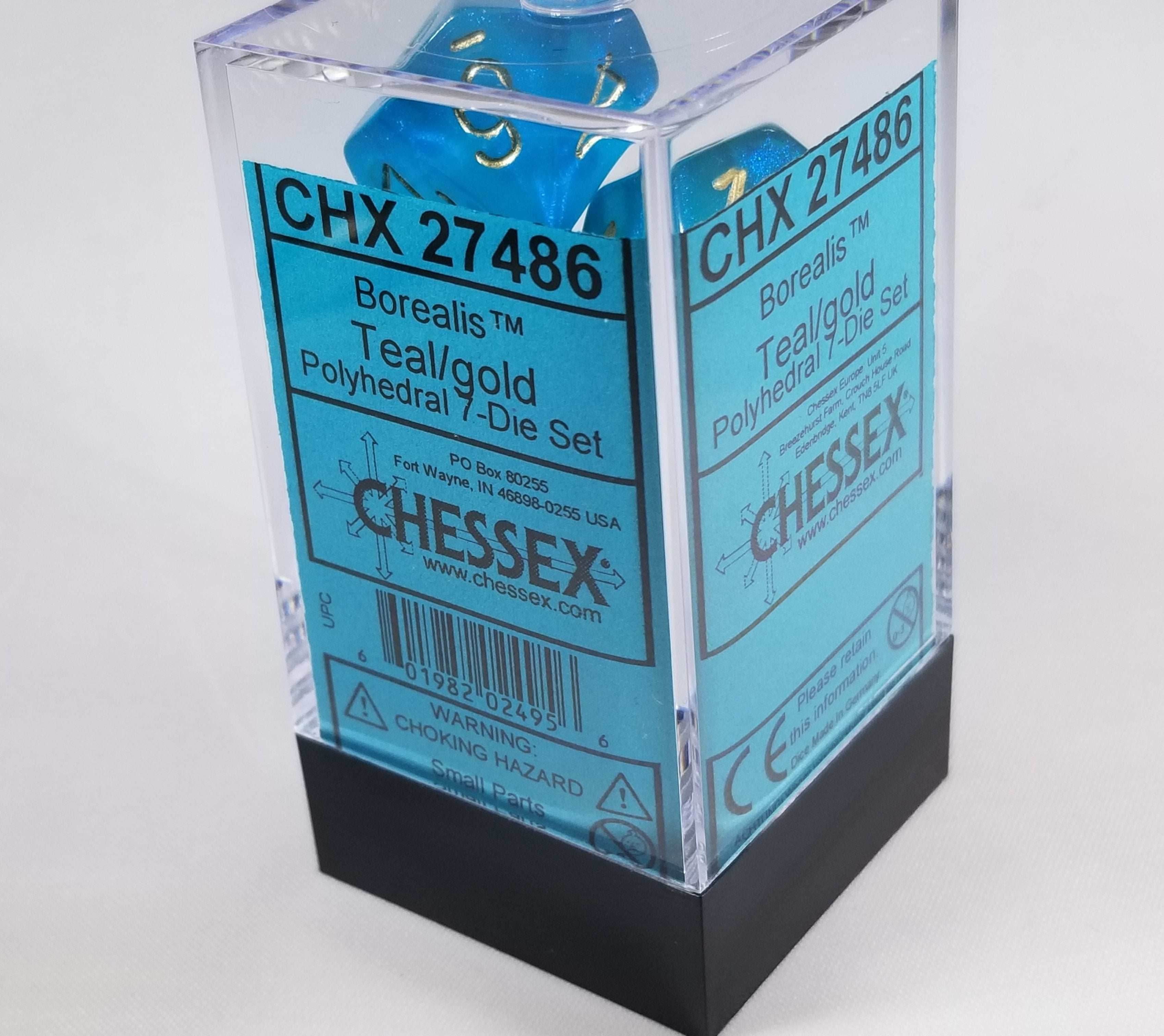 CHX 27486 Polyhedral 7-Die Borealis Teal w/ Gold Numbers Set Of 7 Dice Chessex - 