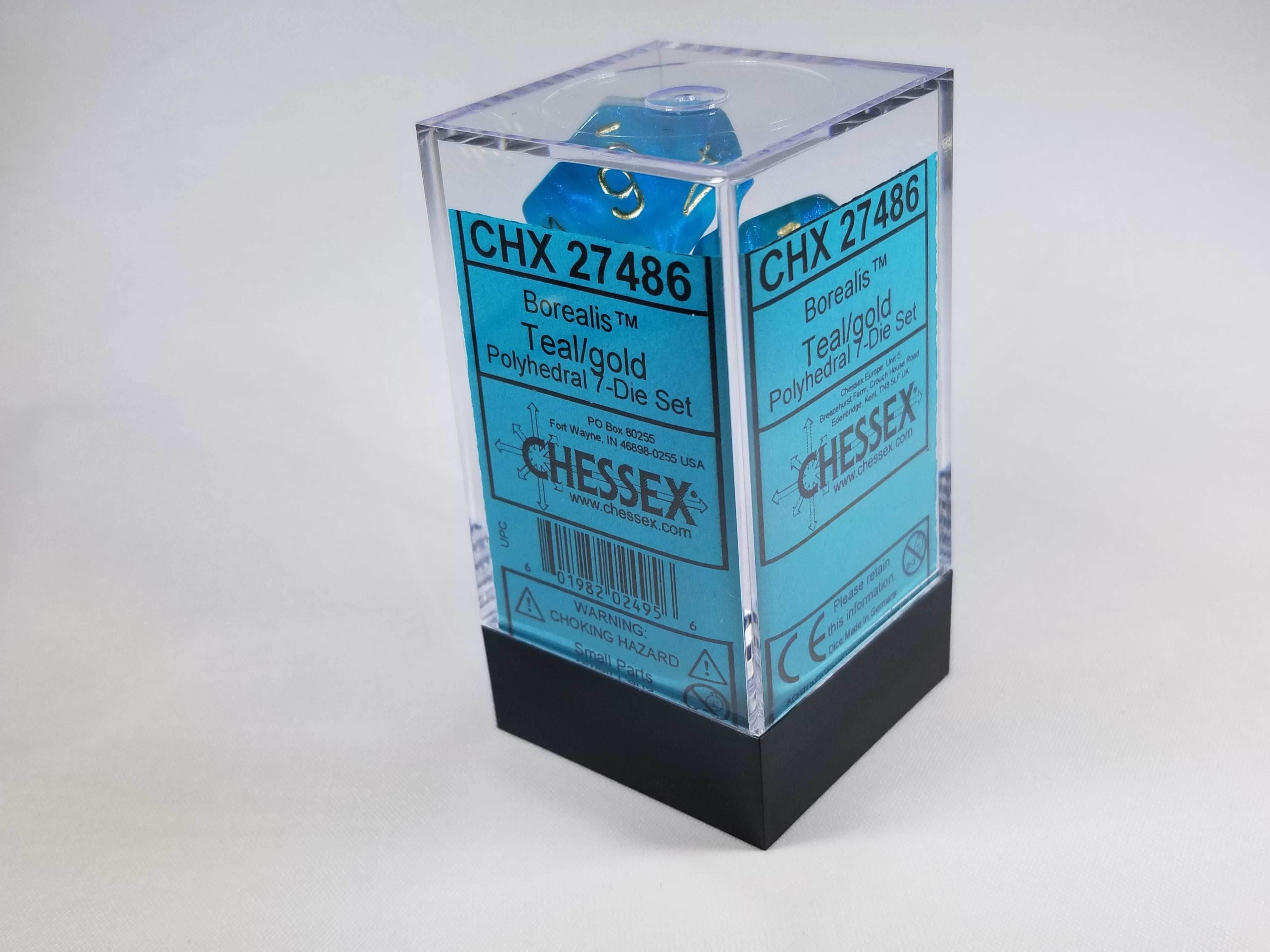 CHX 27486 Polyhedral 7-Die Borealis Teal w/ Gold Numbers Set Of 7 Dice Chessex - 